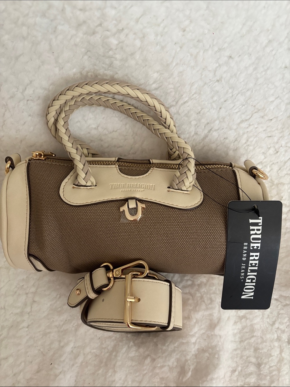 True Religion Beige and Brown Braided Handle Barrel Mini Crossbody Satchel